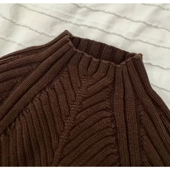 Ribbed Mock Neck Sweater Women's Small Brown Cotton Dark Academia Minimalist - Picture 9 of 16